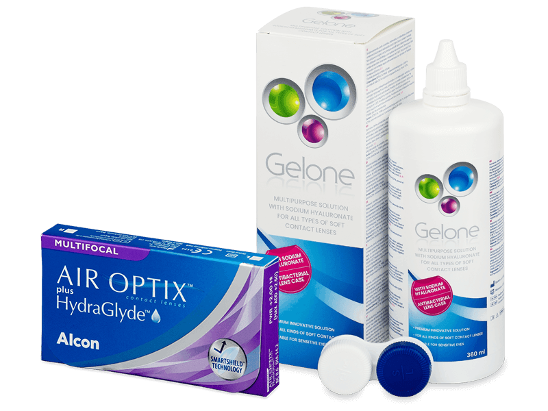 Air Optix plus HydraGlyde Multifocal (3 Lentillas) + líquido Gelone 360 ml - Pack ahorro